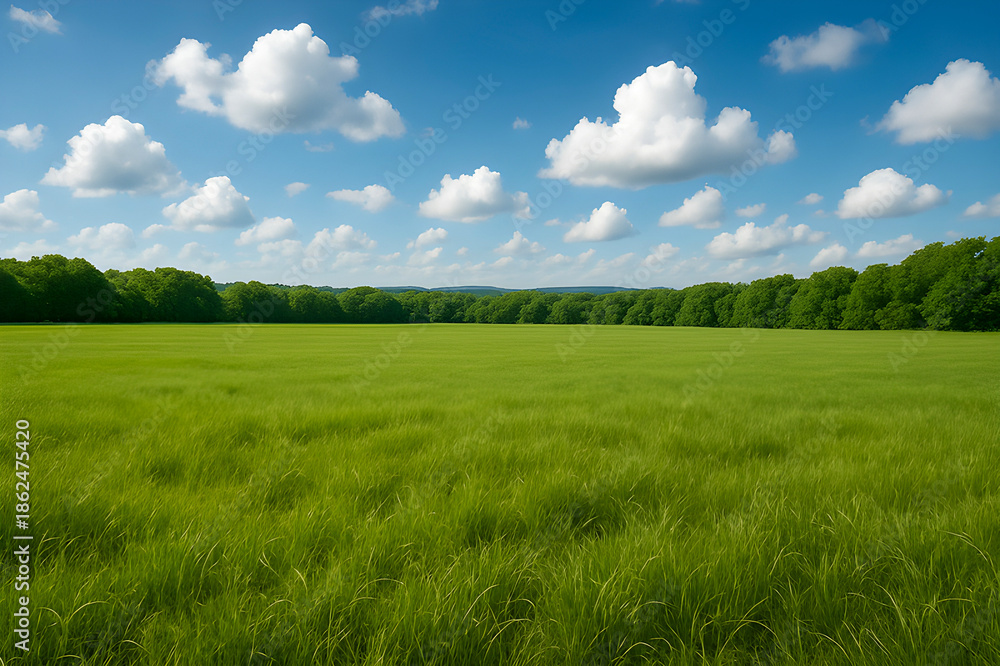 Obraz premium A wide green field stretches under a bright blue sky with scattered fluffy white clouds and a line of trees in the distance creating a peaceful natural landscape
