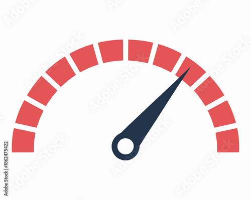 Red and Blue Speedometer Gauge, With Needle Pointing to the Right on White Background, Featuring Measurement Dial, Vehicle Speed Indicator