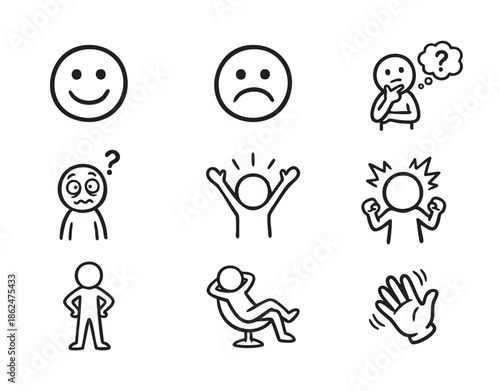 Hand Drawn Emotions Expressions, Emoji and Hand Gestures Icons