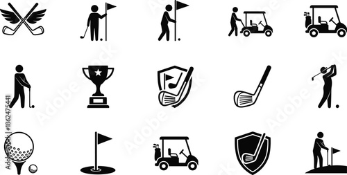 Comprehensive Collection of Professional Golf Icons and Pictograms Featuring Players Equipment Carts Trophies and Course Elements for Sports Graphic Design