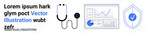 Stethoscope, medical data charts, and verified shield icon symbolizing healthcare, data analysis, security, technology, innovation, health management and medical services. Ideal for healthcare