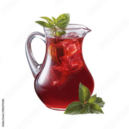 Pitcher of Iced Red Drink with Basil Leaves