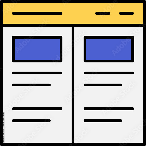 Modern flat design icon depicting a structured web page layout within a browser window, perfect for illustrating digital content and interface concepts