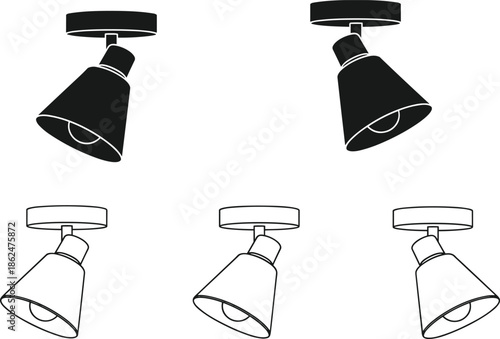 Modern adjustable ceiling spotlight vector icons set with black and white minimalist lamp illustrations for interior lighting design and architecture