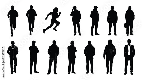 Diverse silhouettes of people in various poses and formal attire displayed