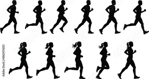 Running Man and Woman Silhouette Vector Illustration Set Jogging Motion Sequence Sprite Sheet for Fitness Sports and Active Lifestyle Design