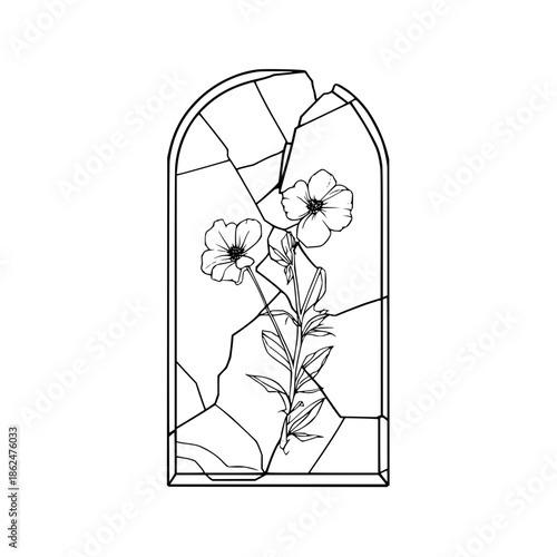 Beauty and the beast rose broken glass stained window vector illustration line art design graphic drawing