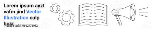 Communication, education, technology, knowledge management, workflow, creativity. Open book, gears megaphone in line art style. Communication and education for collaborative processes