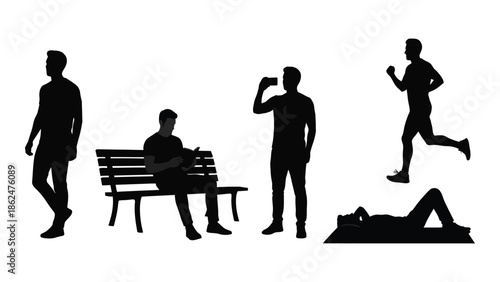 Silhouettes of people walking sitting and running in a park scene