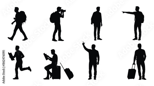 Silhouettes of people in various poses walking pointing traveling and interacting