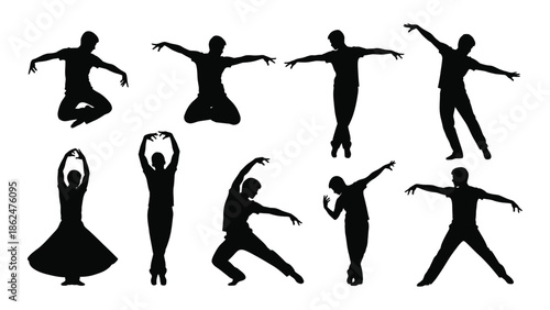 Silhouettes of dancers in various expressive and dynamic movement poses