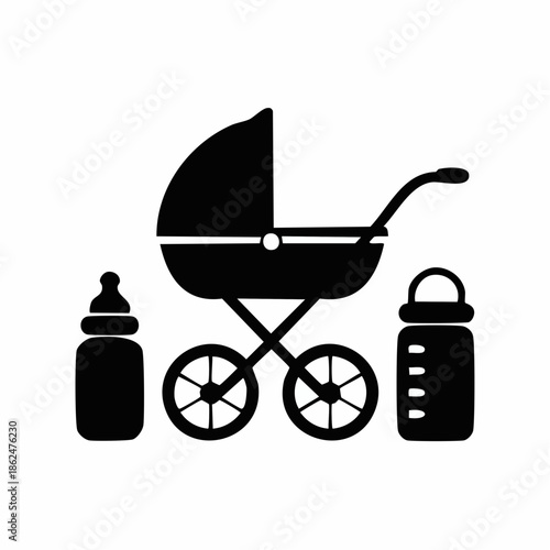 A vintage baby carriage pram vector illustration featuring a stroller wheel and child buggy isolated on white as a cartoon transport icon
