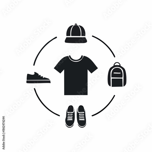 Set of black hat, shoes, bag, t-shirt vector icons for fashion design on a white background