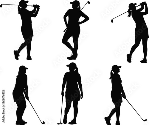 Set of six female golfer silhouettes performing various poses including swinging, putting, and standing for sports design and athletic branding.