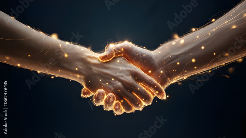 Two hands shaking formed entirely from glowing light particles, dark clean background, cinematic lighting, ultra sharp stock image