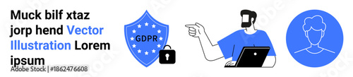 Data protection, cybersecurity, privacy rights, compliance, technology, online security. A shield labeled GDPR, lock icon man at laptop outlined head. GDPR compliance and data protection visuals