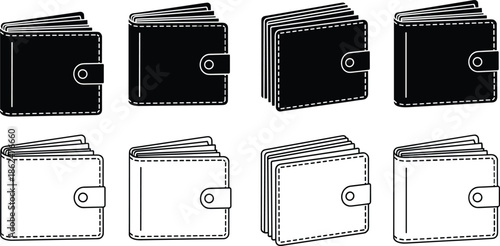 Wallet vector icon set with billfold pocket and credit card slots in black and white line art for financial apps