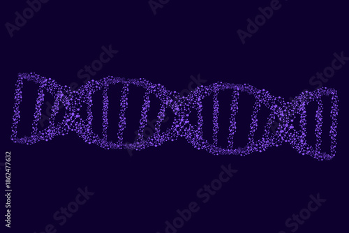 An abstract illustration of a DNA helix strand made up of interconnected dots in purple color on a dark purple background