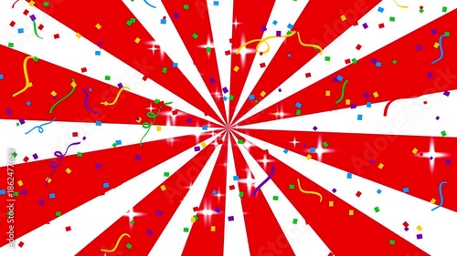 派手な紅白サンバーストと紙吹雪の背景アニメ