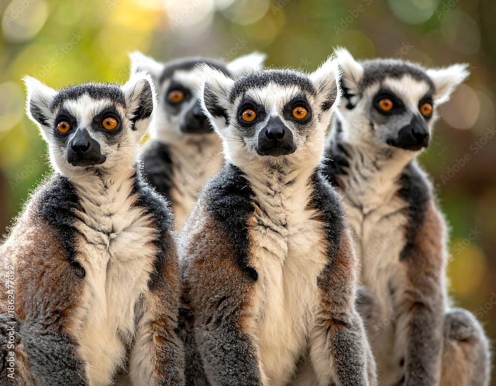 Fototapeta premium Group of ring-tailed lemurs with piercing orange eyes in a natural, bokeh-filled setting