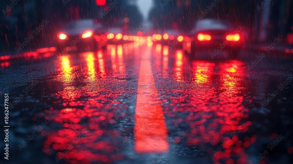 Fototapeta premium Rainy City Street at Night With Red Traffic Lights Reflecting on Wet Asphalt