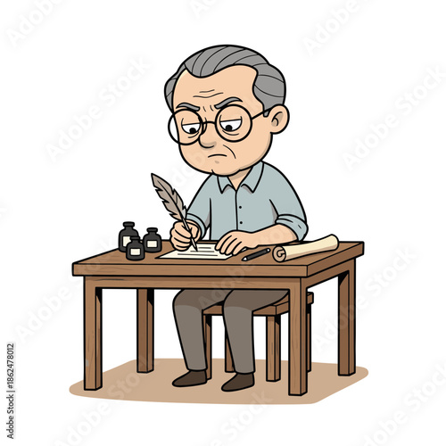 Dissatisfied writer struggling to finish a novel at a wooden desk