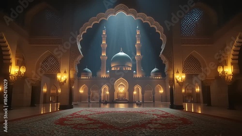 Illuminated Mosque Interior with Arches and Domes.