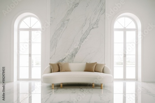 Curved white sofa with gold legs and tan pillows in a room with marble couch furniture