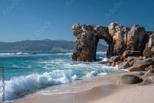 Coastal archway, turquoise waters, sandy beach