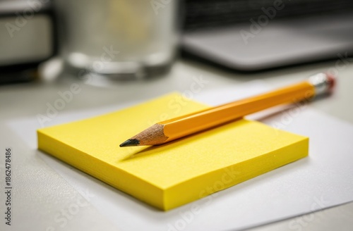 A yellow sticky note with a pencil on a light-colored surface