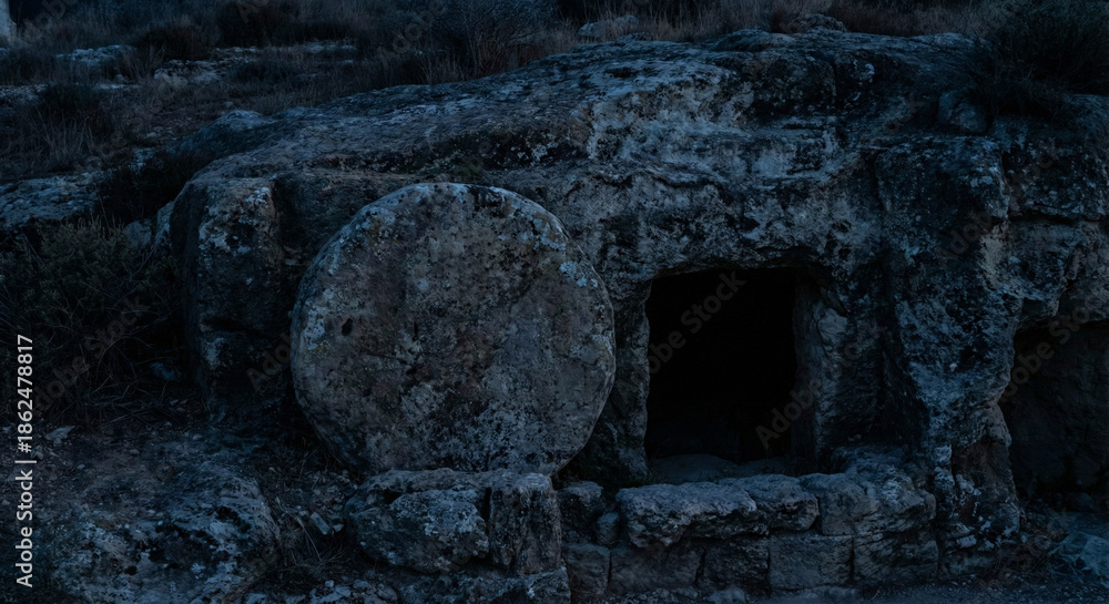 Obraz premium Open empty cave tomb with large round stone rolled away at dawn representing resurrection of Jesus Christ
