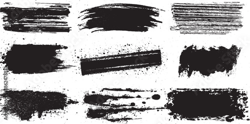 Black dried paint splattered in dirty style. Isolated black ink stencils for graphic design, text Vector scratches rough white background brush strokes modern black hand painted grunge brush stroke