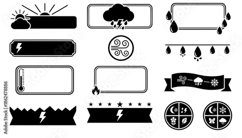 Collection of decorative weather text boxes featuring thermometer sun rain storm and seasonal icons isolated on white for meteorology forecast design.