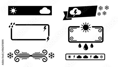 Set of decorative weather forecast text boxes and banners featuring sun rain snow and storm icons isolated on white background for seasonal design.