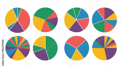 Set of Colorful Pie Charts, Representing Business Data, Statistical Analysis, and Analytics, Vector Infographic Elements for Reports