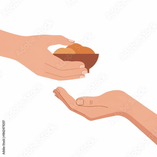 Hand giving food to another hand in a gesture of charity.