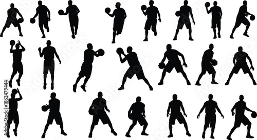 Large basketball player vector silhouette set, showing various dynamic action poses, including dribbling, shooting, passing, and jumping, excellent for sports and competition graphics