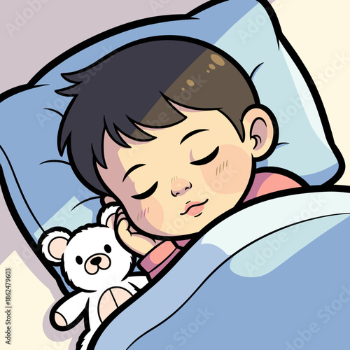 Sweet little boy sleeping peacefully with teddy bear