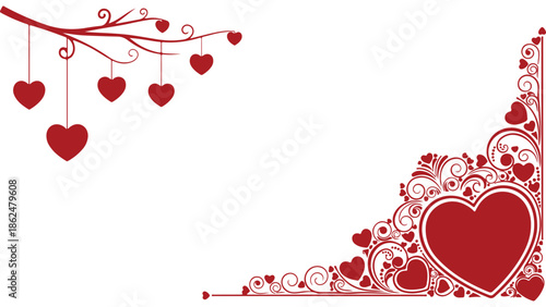 Valentine's day celebration background with hanging hearts and ornate heart design on white