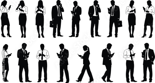 Large collection of busy business people silhouettes using smartphones, representing modern communication, connectivity, corporate technology, and mobile work professionals