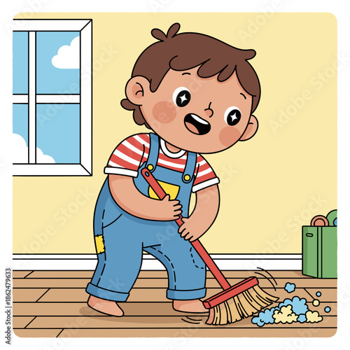 Little boy enthusiastically sweeping colorful mess on wooden floor