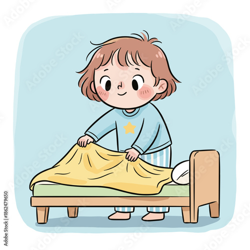 Little girl making her bed with a big smile