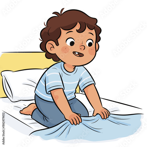 Little boy making his bed in a cozy bedroom with a big smile