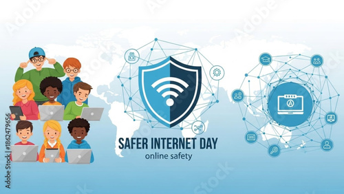 Safer Internet Day Concept Illustration with Children Using Digital Devices Securely
