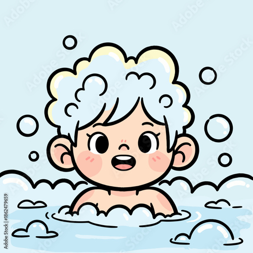 Cute cartoon kid enjoying a relaxing bubble bath