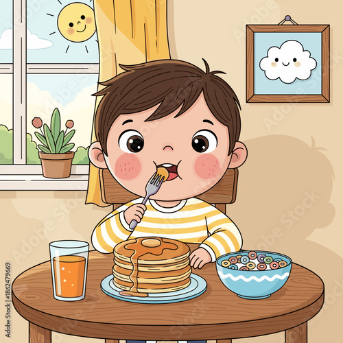 Happy child enjoying breakfast with pancakes and cereal