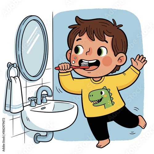 Happy child brushing teeth with toothbrush in bathroom