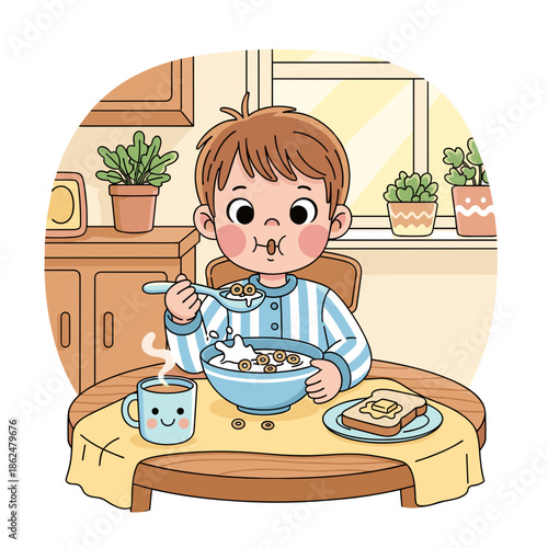 Cute little boy eating breakfast in cozy kitchen with cereal