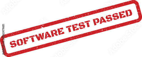 Distressed red rubber stamp mark confirming a software test has successfully passed with a textured effect