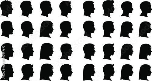 Large collection of diverse human head profile silhouettes showing men and women with various hairstyles, useful for user, identity, communication, and social network avatar concepts.